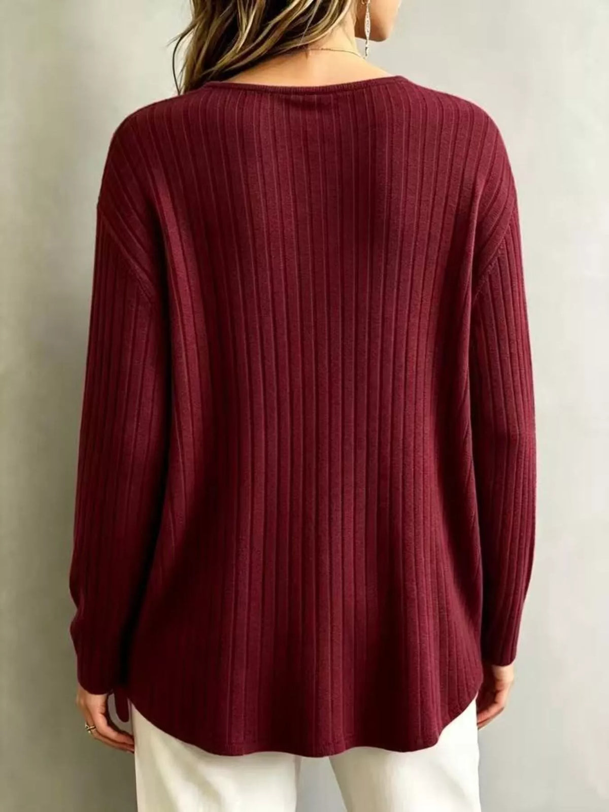V-Neck Ribbed Long Sleeve T-Shirt