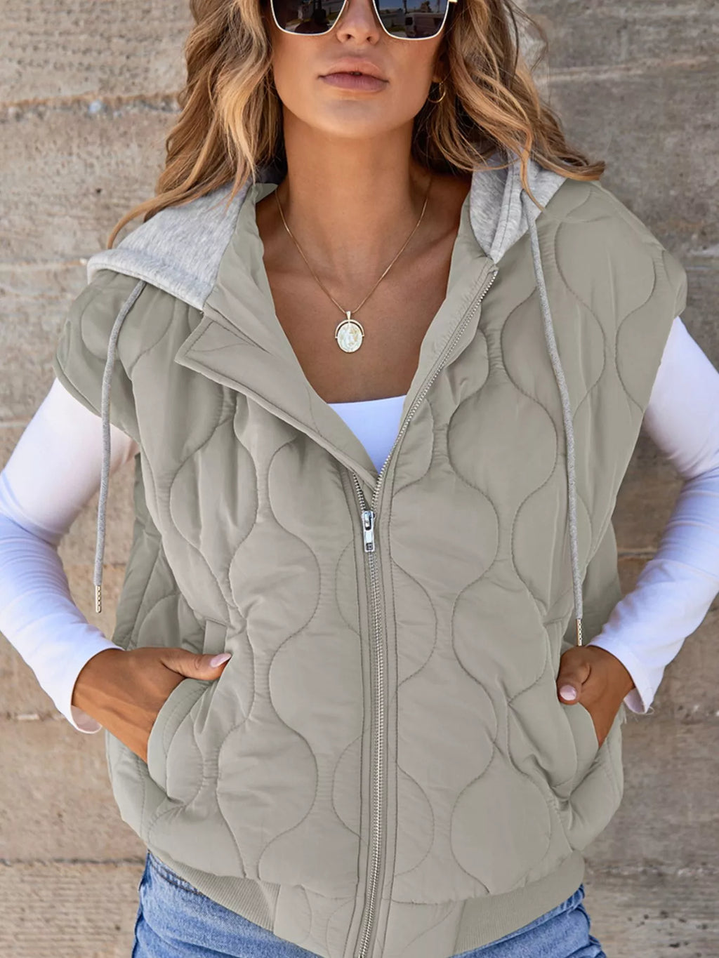 Quilted Drawstring Hooded Zip Up Puffer Vest