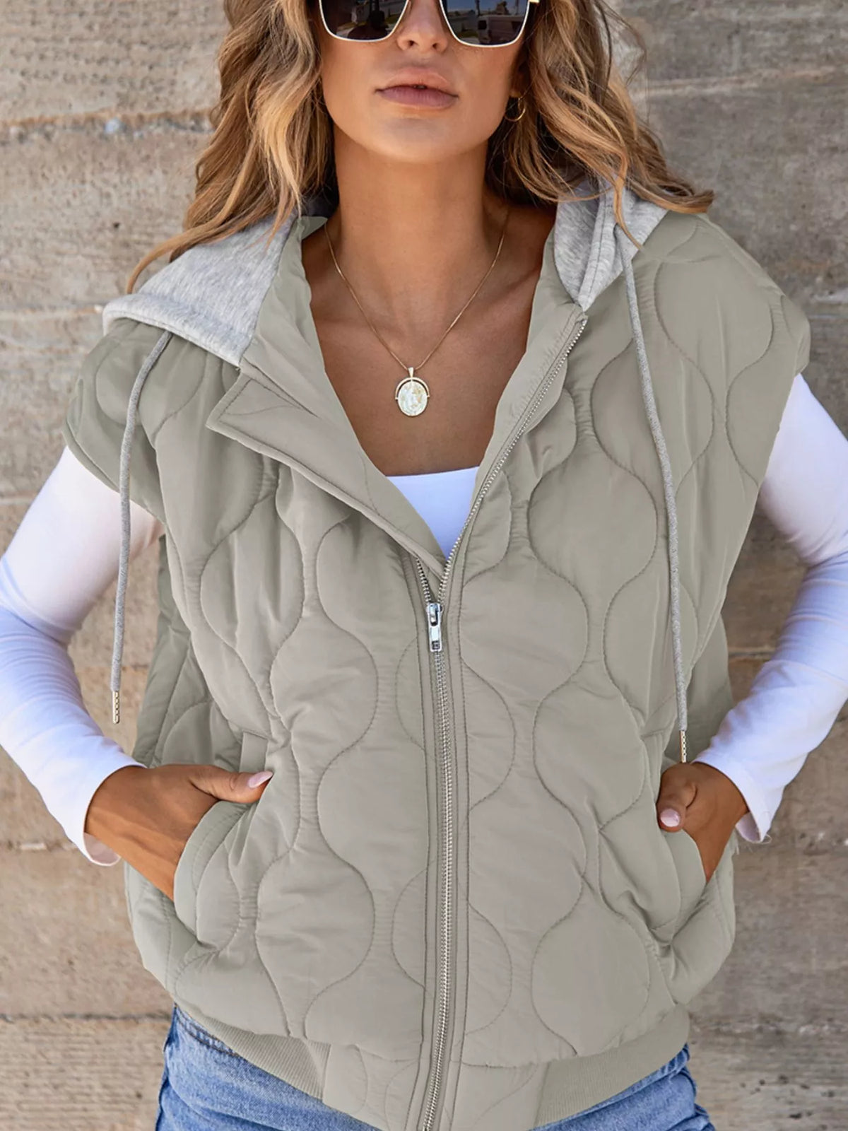 Quilted Drawstring Hooded Zip Up Puffer Vest