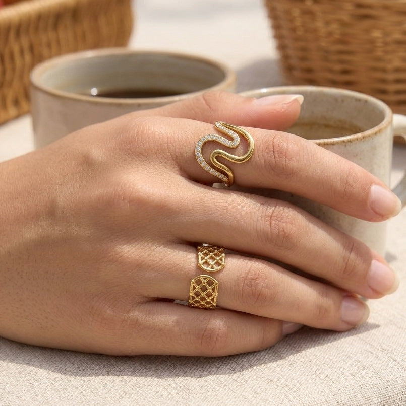 Double Wave Zircon Open Ring Collection