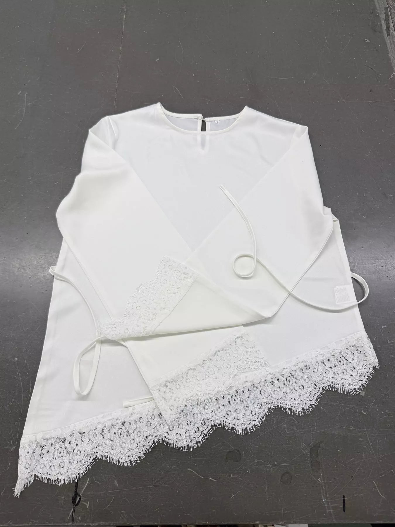 Satin Lace Trim Flare Sleeve Blouse