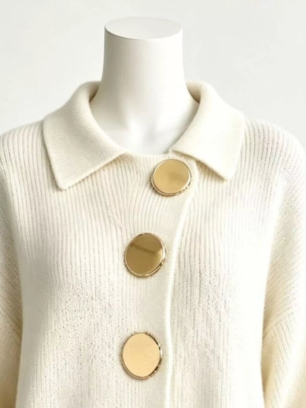 Full Size Collared Wavy Hem Knit Cardigan with Metal Button Plus Size