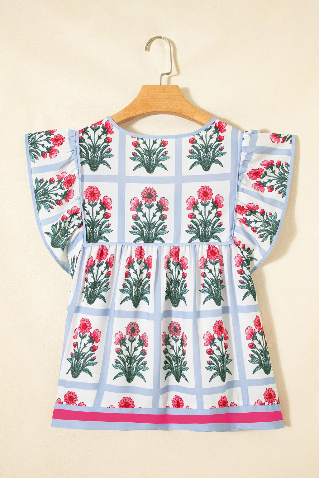 Pink Floral Flutter Sleeve Split V Neck Top