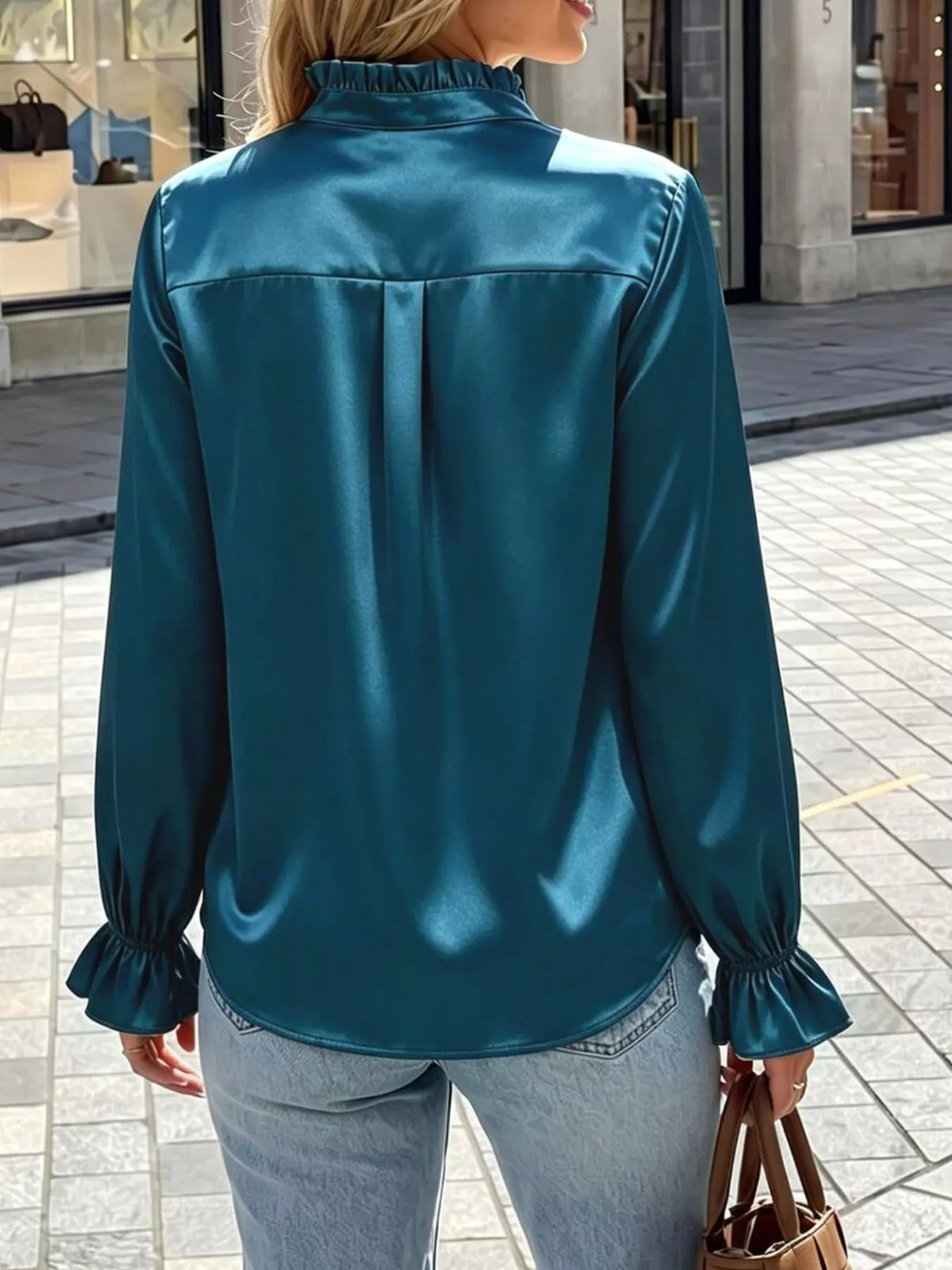 Elegant Button Down Ruffle Trim Satin Shirt