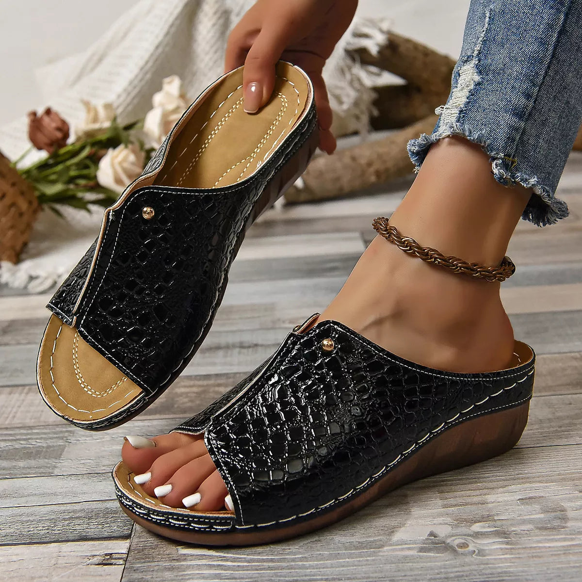 Crocodile-Embossed Wedge Sandals