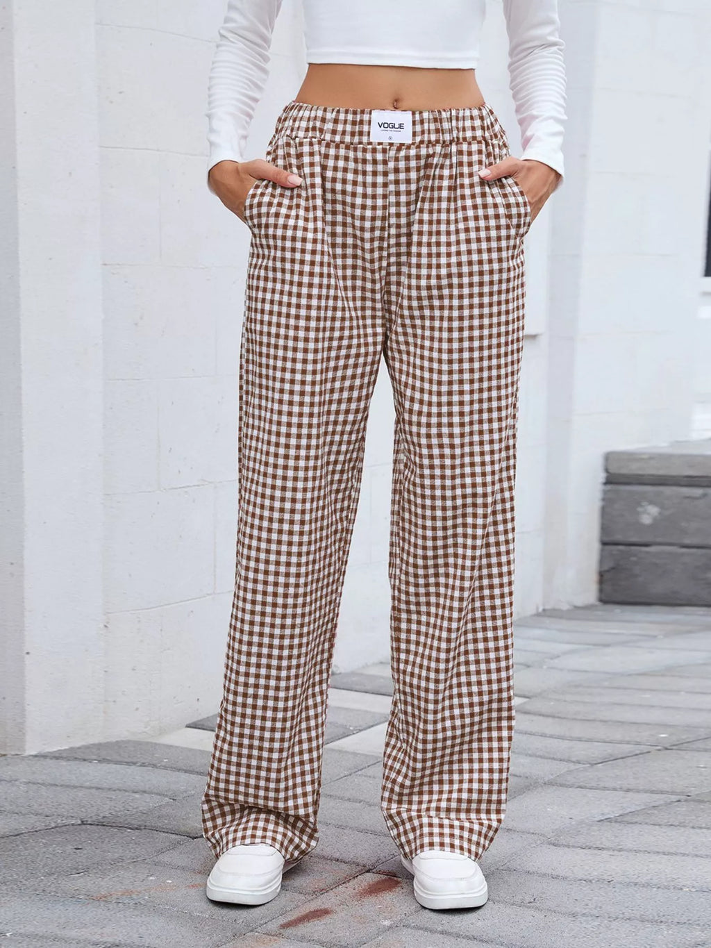 Plaid Wide-Leg Cotton Pants with Side Pockets