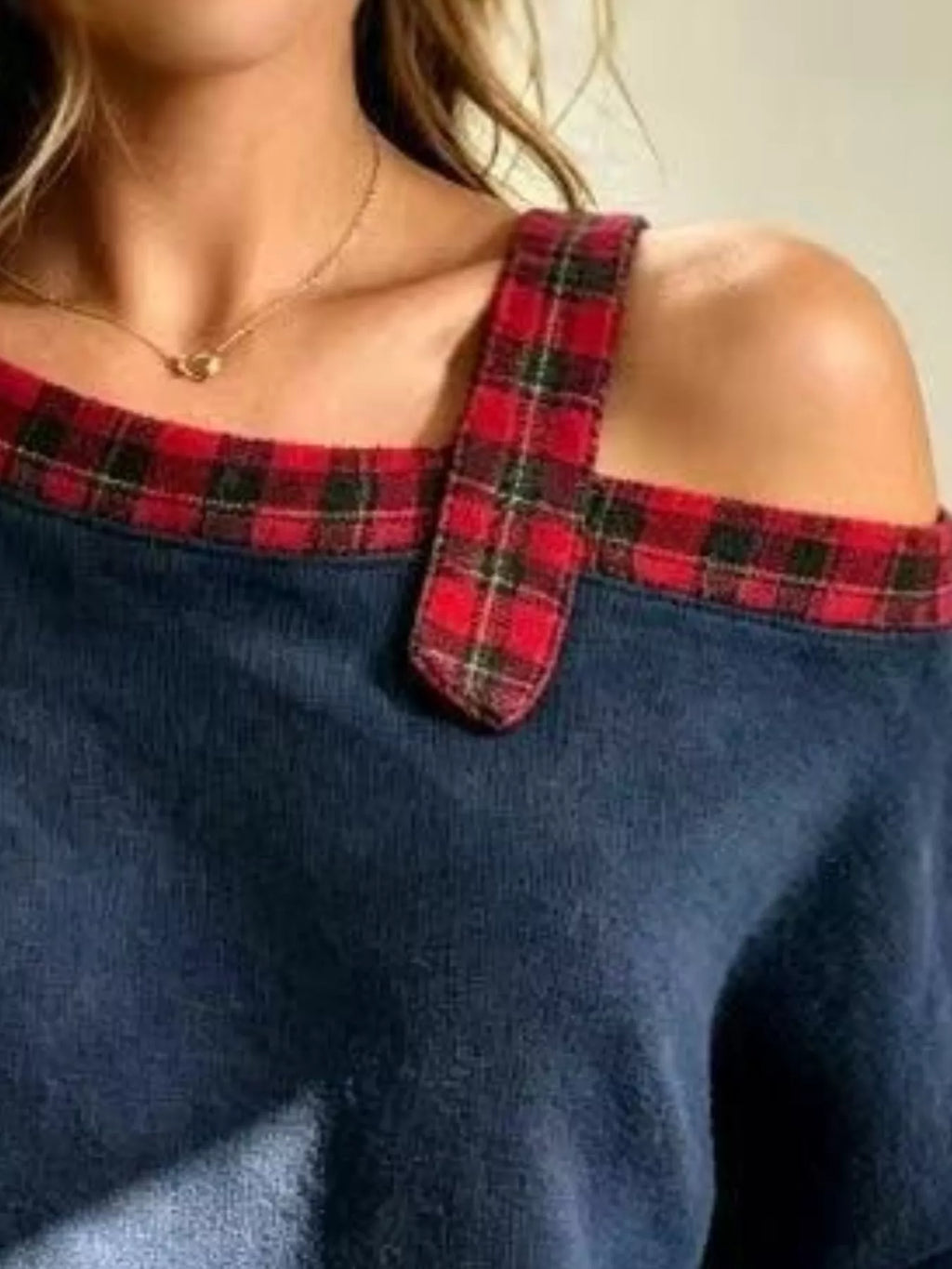 Full Size Cold-Shoulder Plaid Patchwork Long Sleeve Top Plus Size