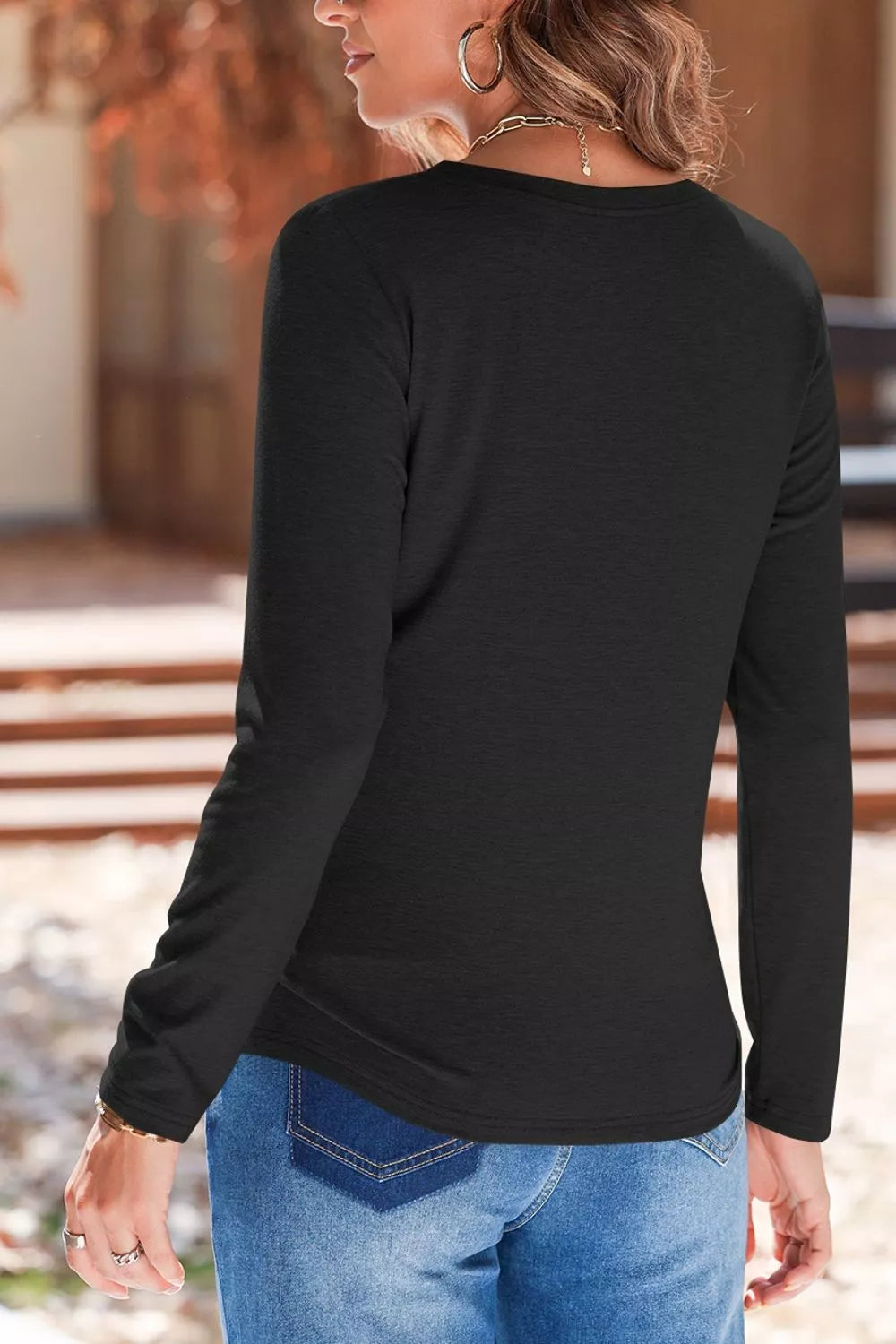 Solid Color V Neck Long Sleeve Stretchy Top