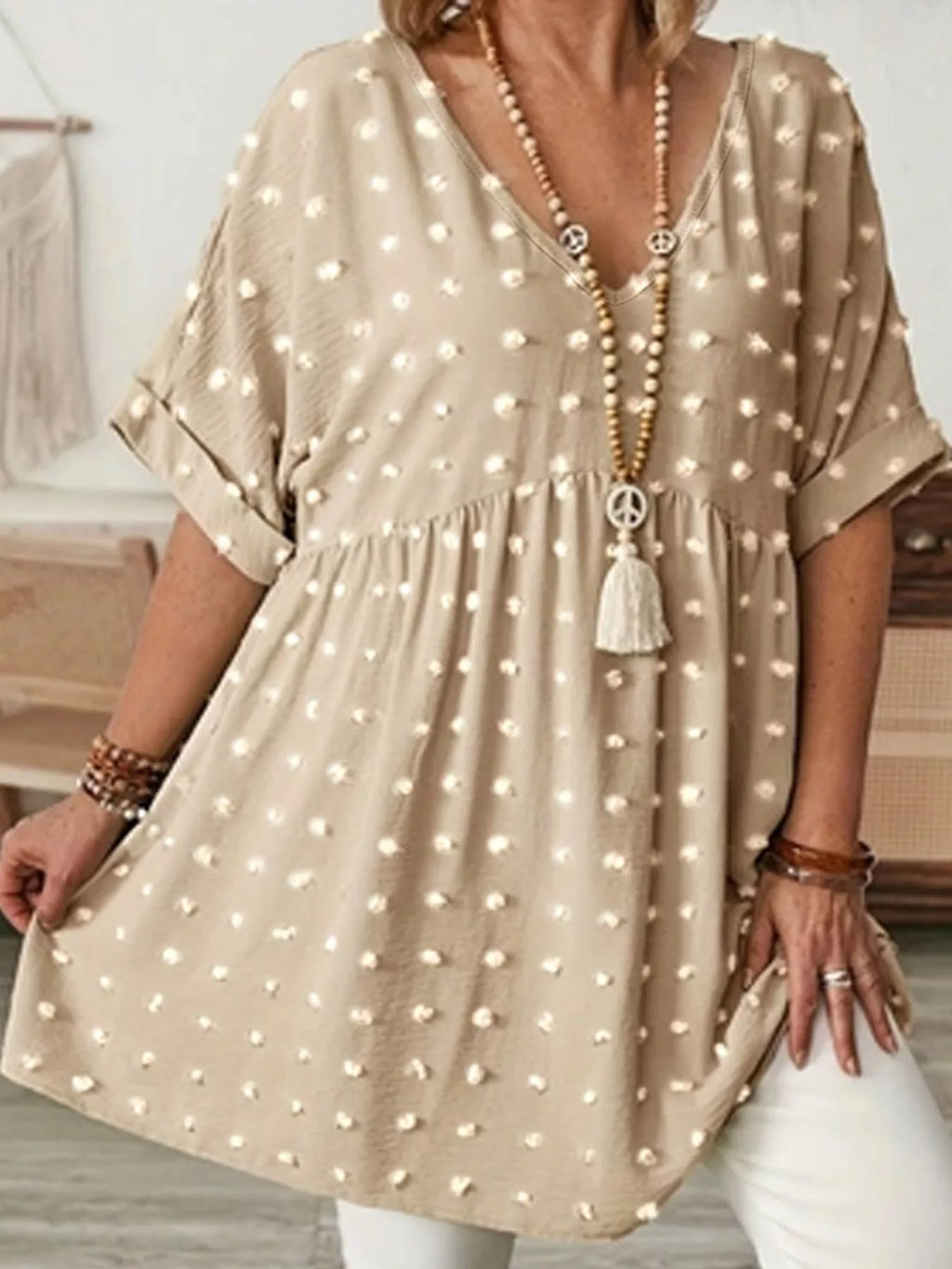 Plus Size Swiss Dot V-Neck Casual Blouse