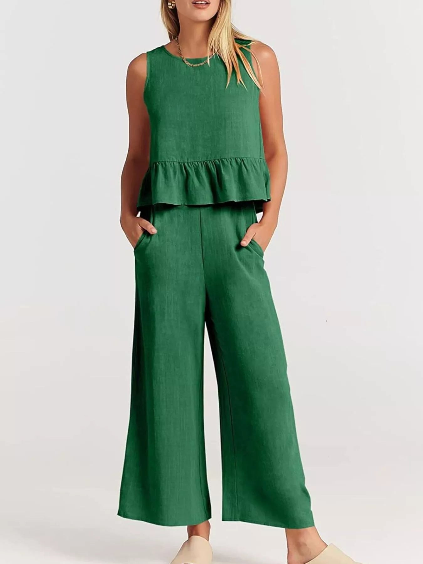 Full Size Ruffled Hem Sleeveless Top and Wide-Leg Pants Set Plus Size