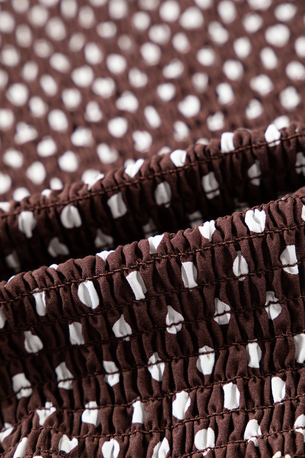Brown Polka Dot Ruffled High Neck Shirred Ruffle Hem Blouse