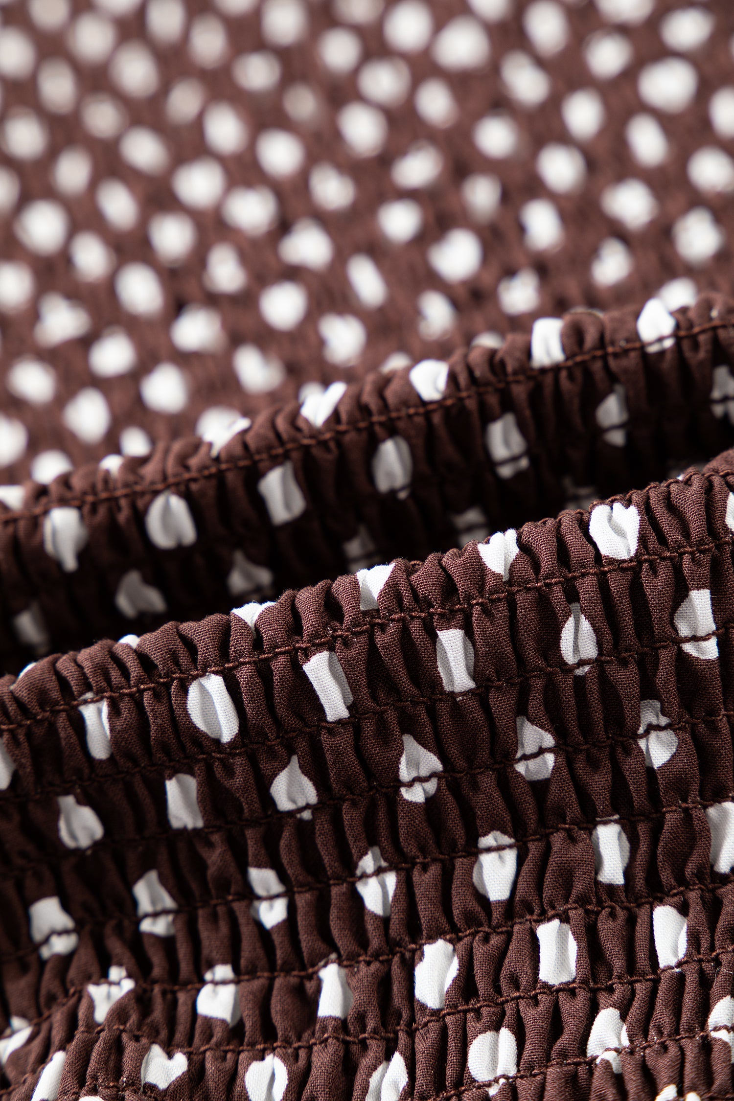 Brown Polka Dot Ruffled High Neck Shirred Ruffle Hem Blouse