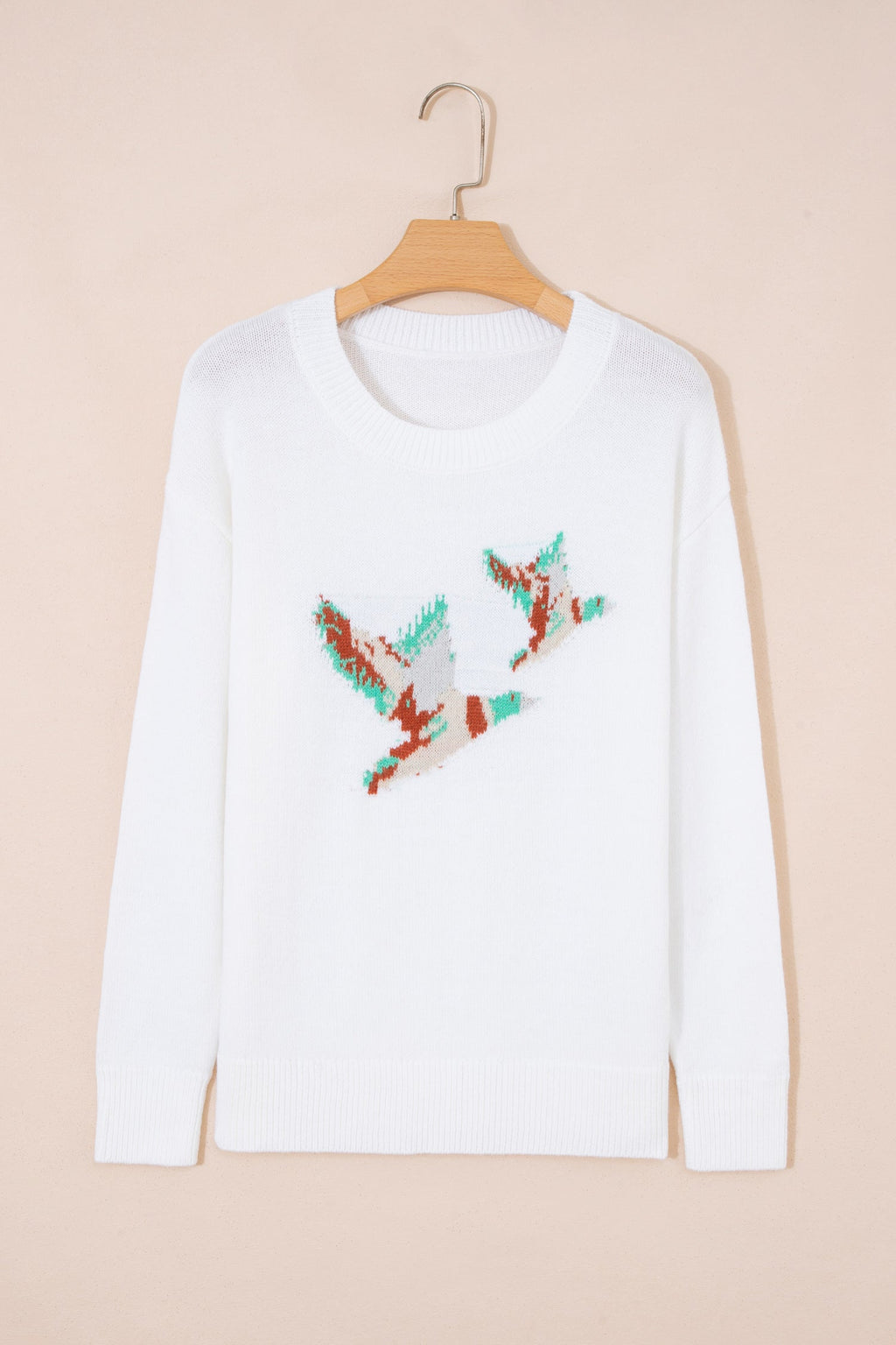 White Drop Shoulder Round Neck Long Sleeve Pullover Sweater