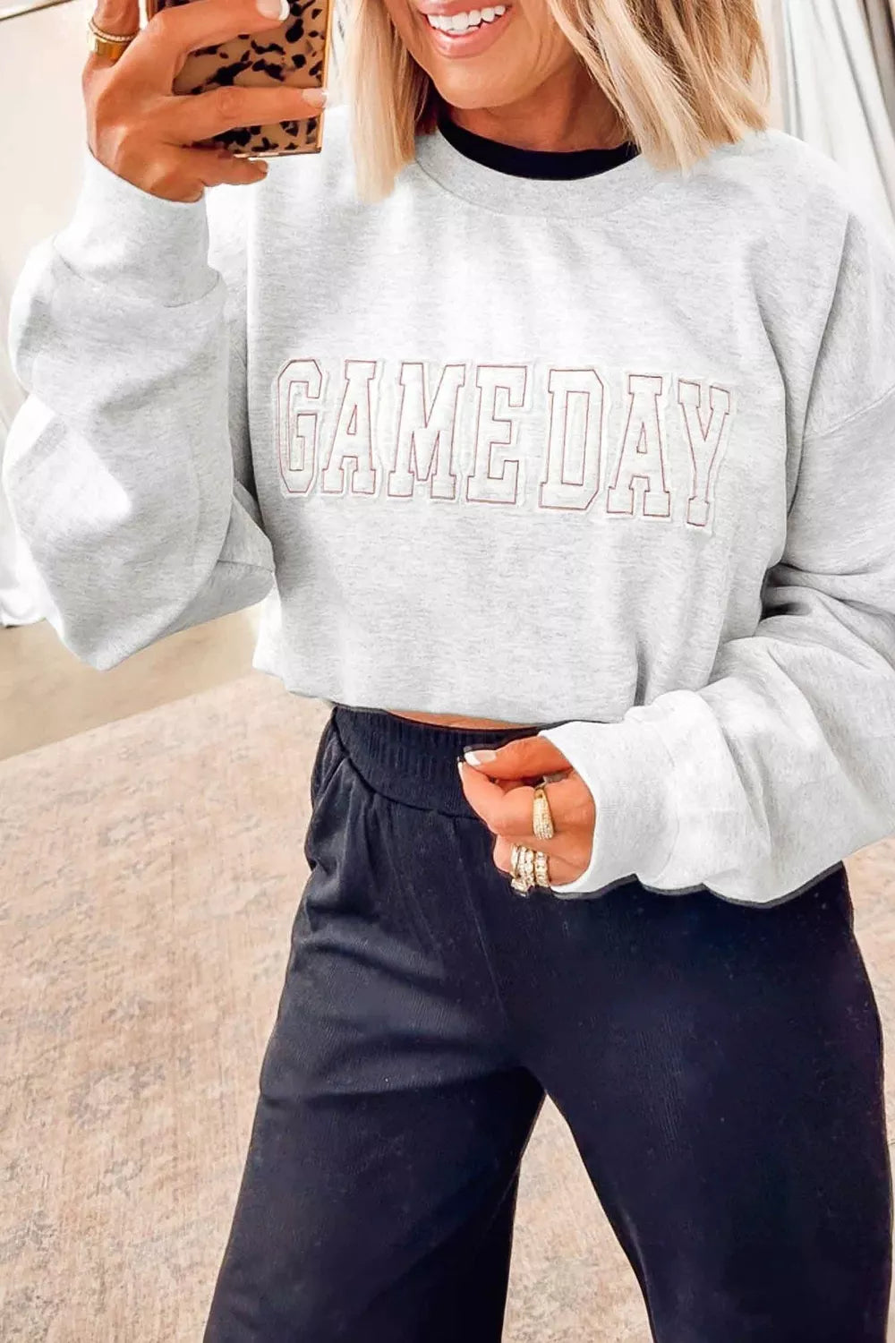 Game Day Letter Embroidery Long Sleeve Round Neck Sweatshirt