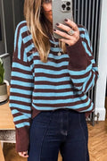 Stripe Color Block Loose Crew Neck Cuffed Sweater