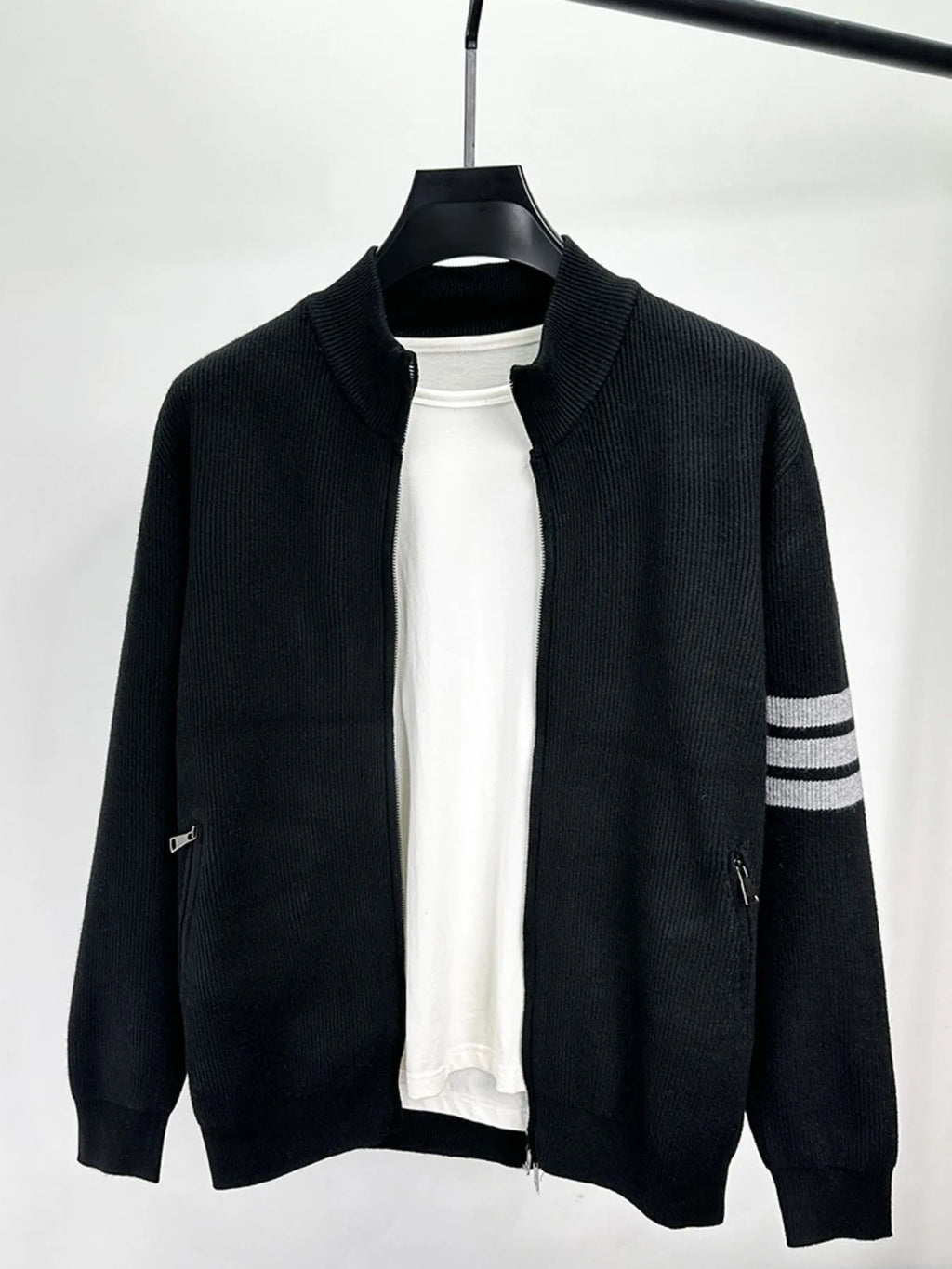 Men's Plus Size Zip Up Striped Long Sleeve Cardigan