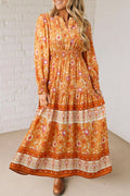 Orange Floral Print Smocked Waist Long Sleeve Boho Maxi Dress