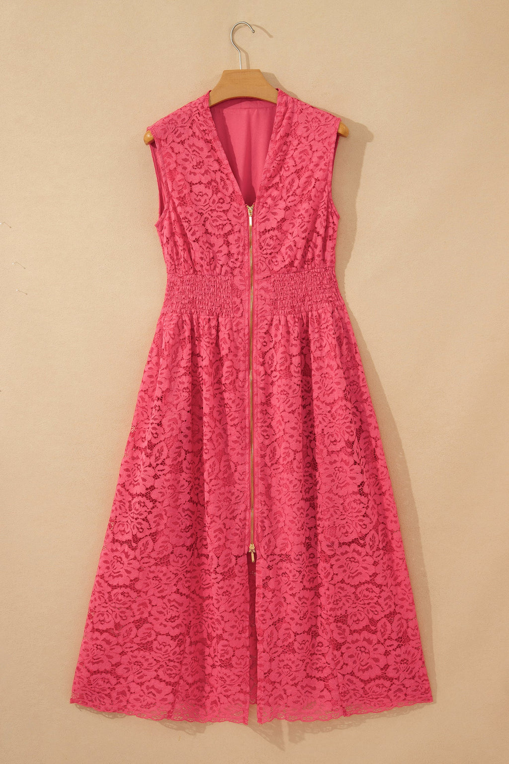 Coral Floral Lace Overlay Zip Up V Neck Smocked Waist Sleeveless Dress