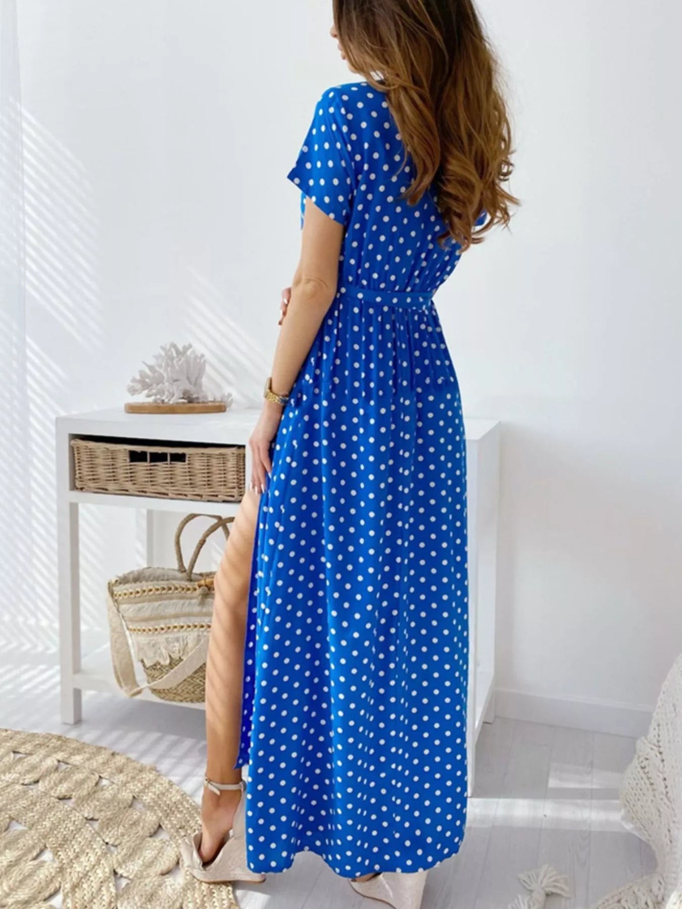 Polka Dot Surplice Maxi Dress with Slit