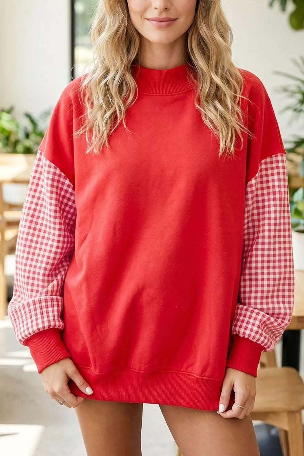 Gingham Contrast Sleeve Crew Neck Sweatshirt