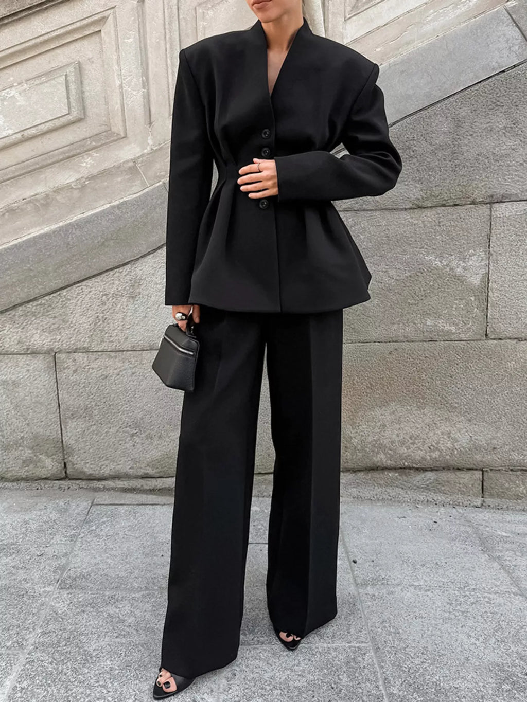 Chic Button Down Pleated Blazer and Wide-Leg Pants Suit Set