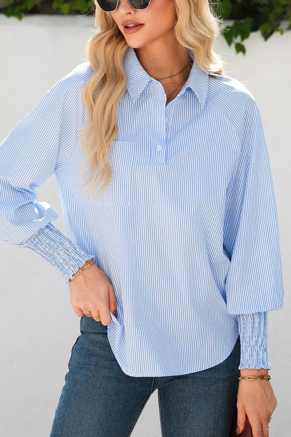 Striped Smocked Sleeve Collared Neck Blouse