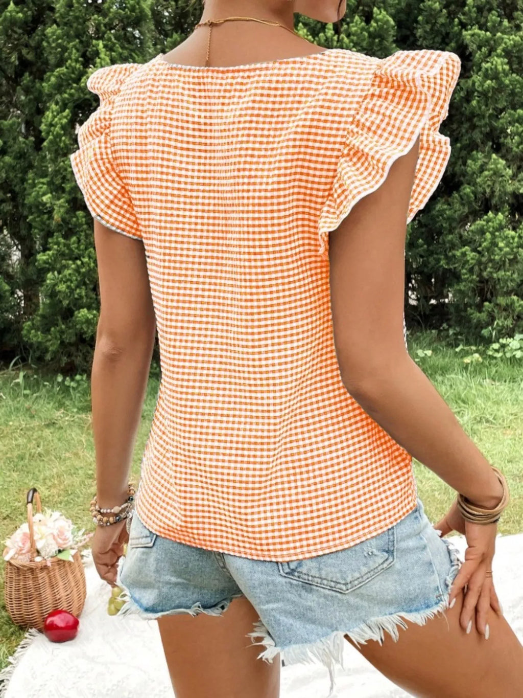 Gingham Ruffle Sleeve Square Neck Blouse