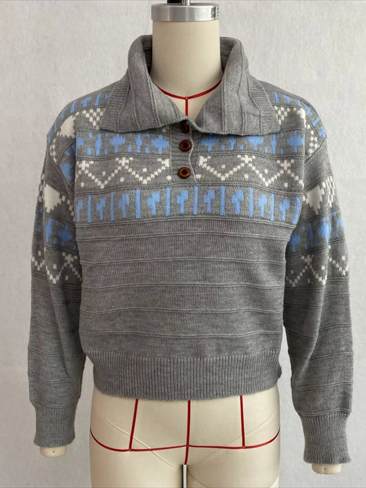 Vintage-Inspired Fair Isle Patterned Polo Sweater