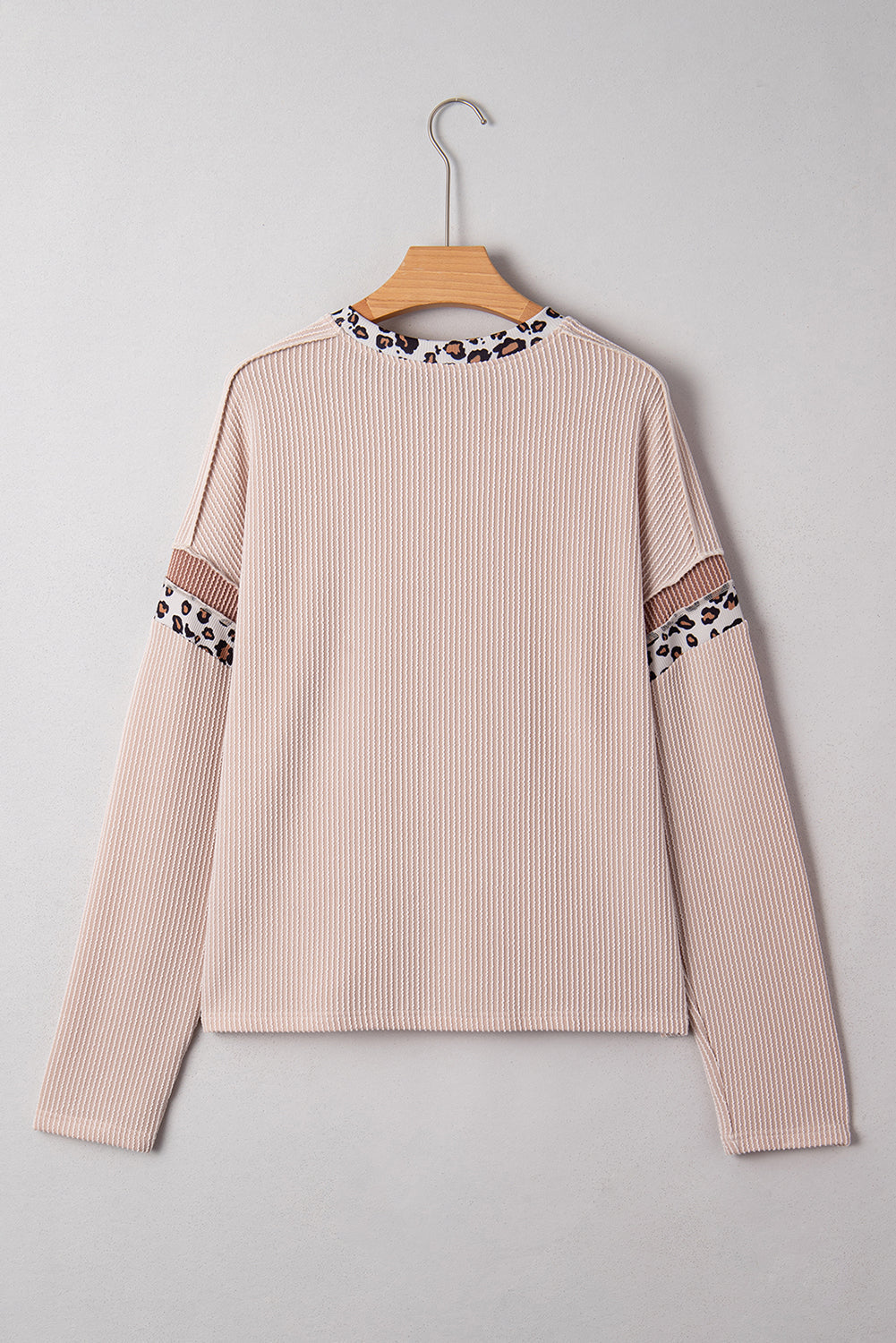 Beige Twist Ribbed Leopard Color Block Detail Drop Shoulder Long Sleeve Top
