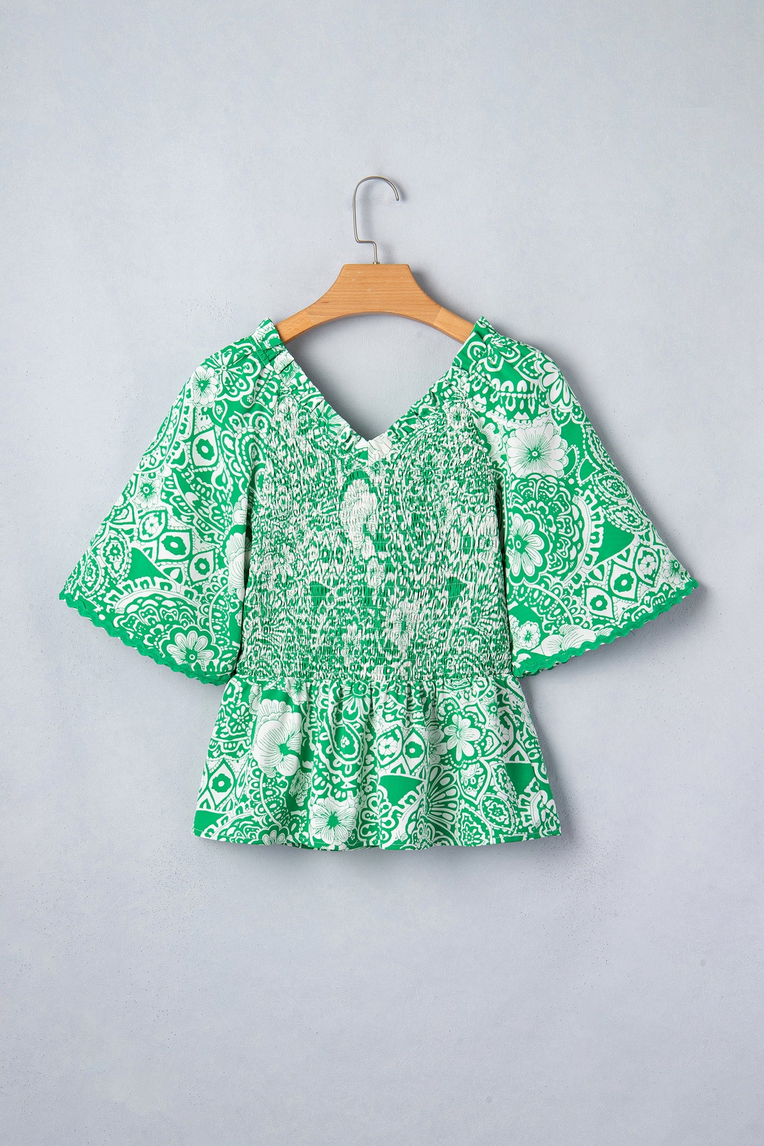 Green Flirty Floral Smocked V Neck Blouse
