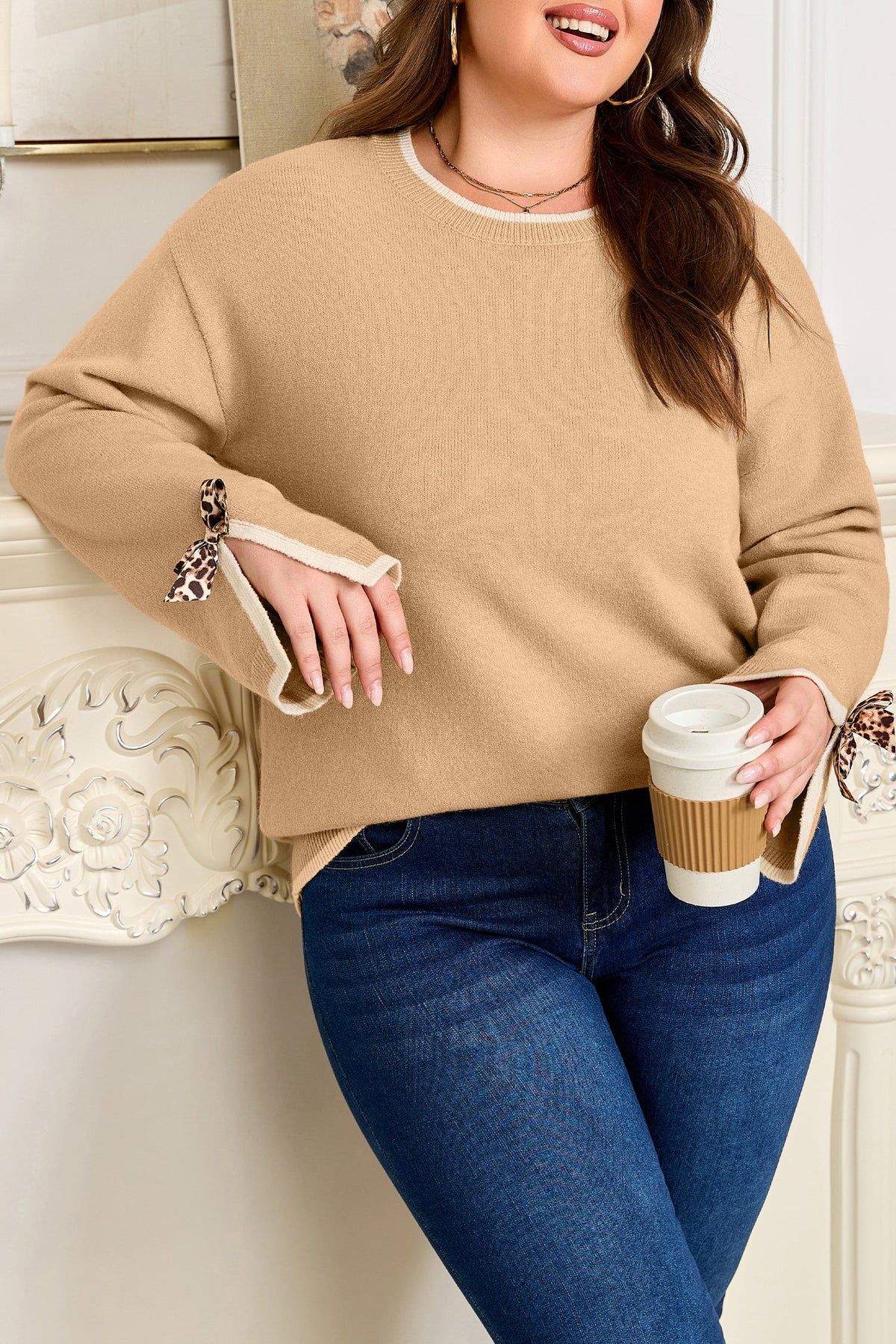 Plus Size Leopard Bow Split Cuff Sweater