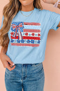 Light Blue Faux Patchwork Printed Coquette American Flag Graphic Tee