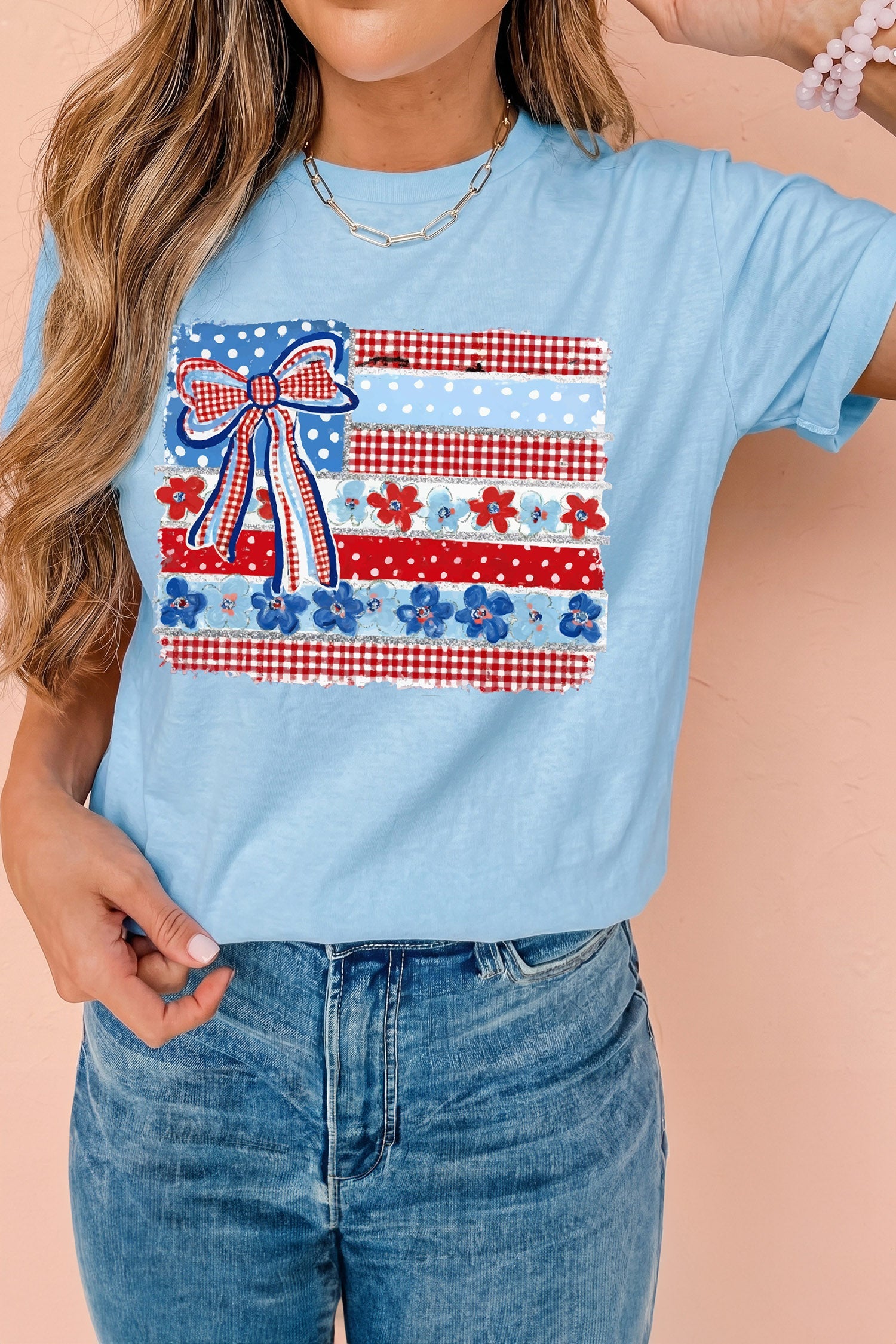 Light Blue Faux Patchwork Printed Coquette American Flag Graphic Tee