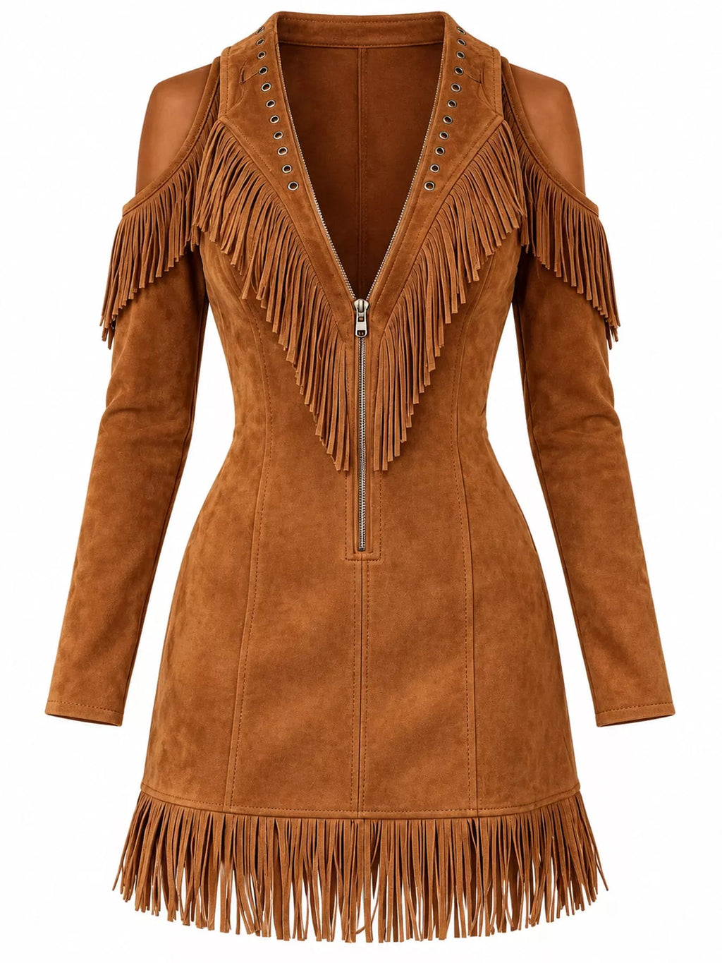 Full Size Fringed Cold-Shoulder Zip-Front Mini Dress Plus Size