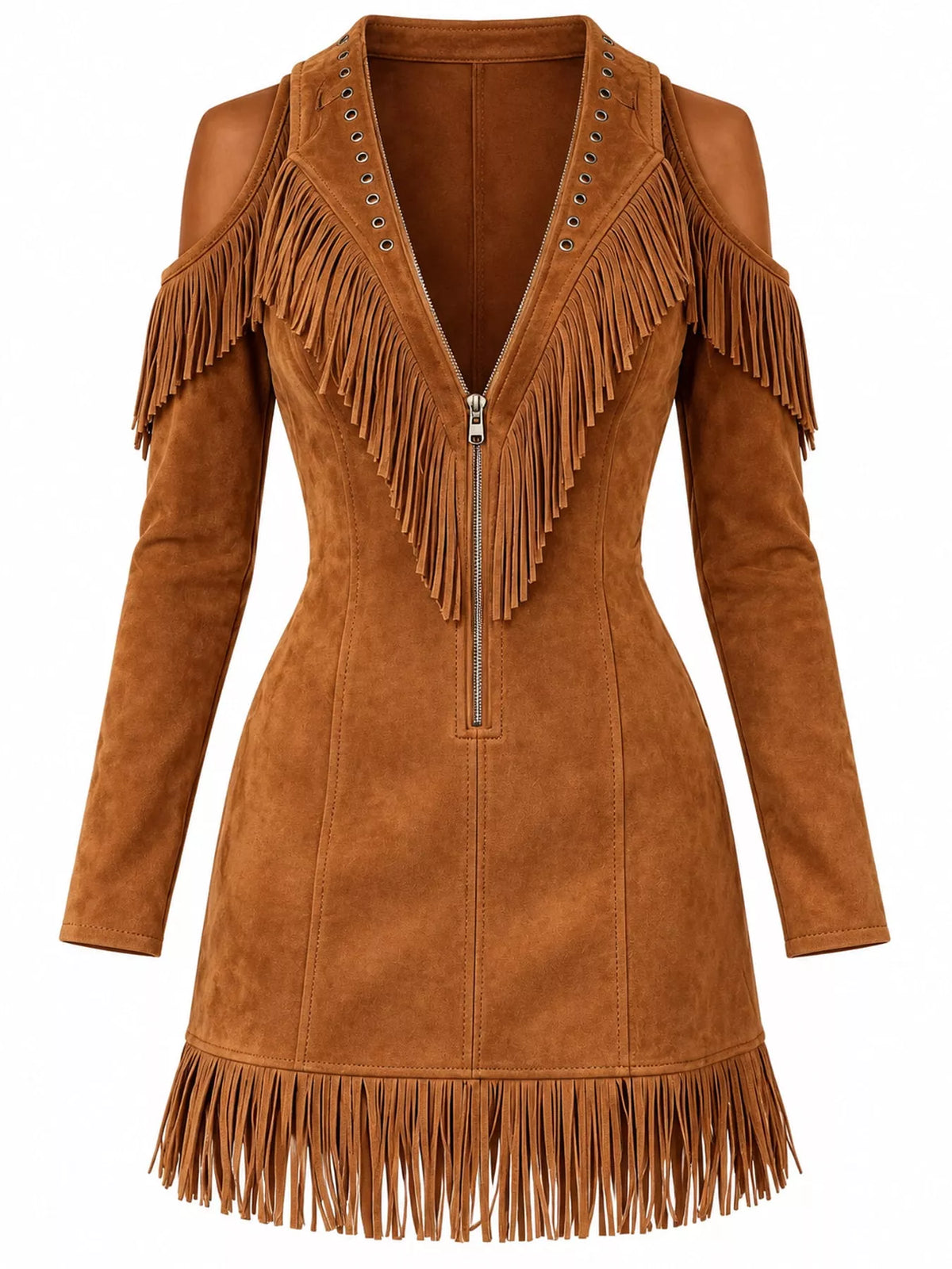 Full Size Fringed Cold-Shoulder Zip-Front Mini Dress Plus Size