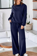 Solid Color Cowl Neck Drawstring Pullover Wide Leg Athleisure Pants Set