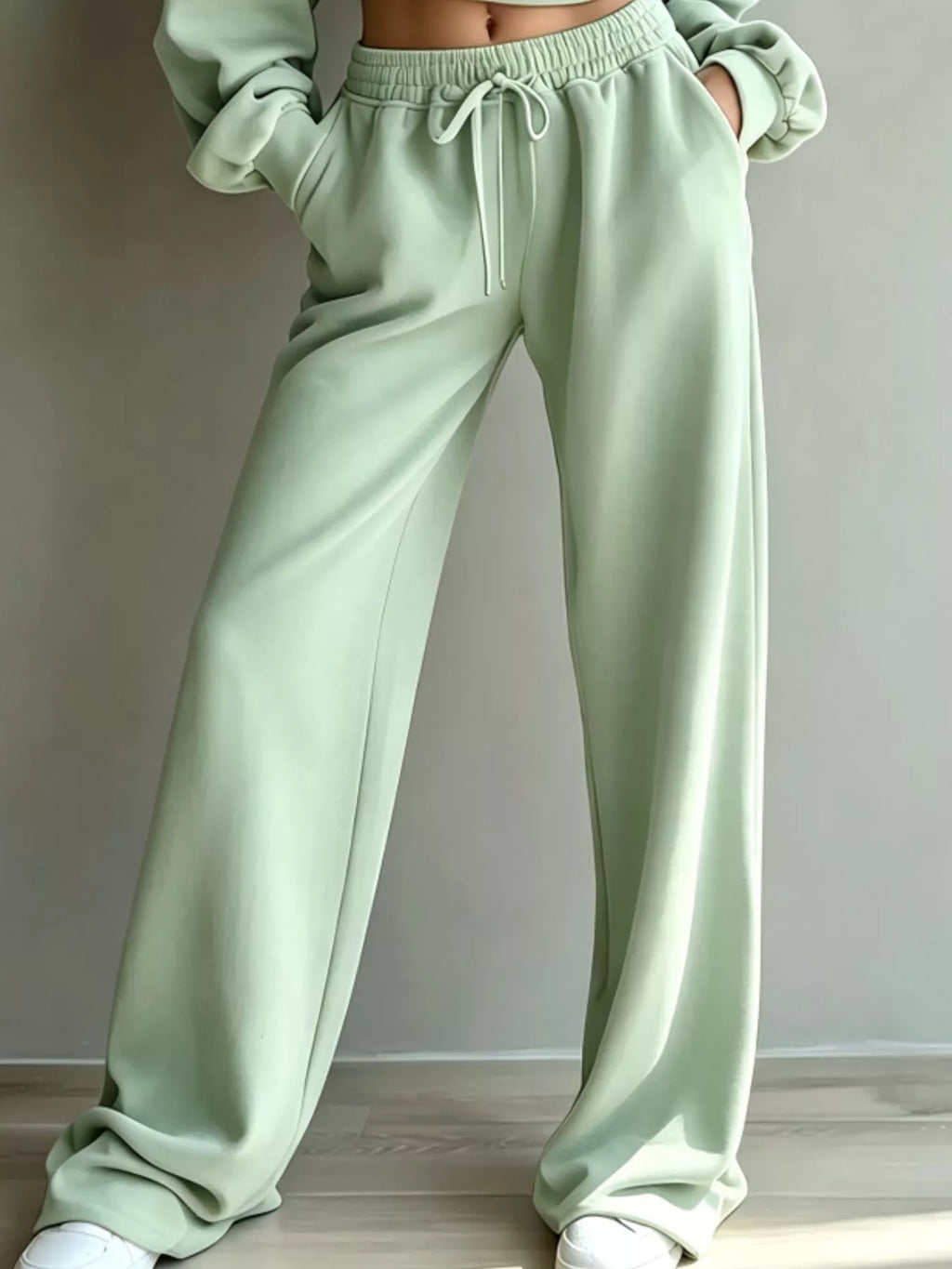 Round Neck Cropped Sweatshirt and Wide-Leg Pants