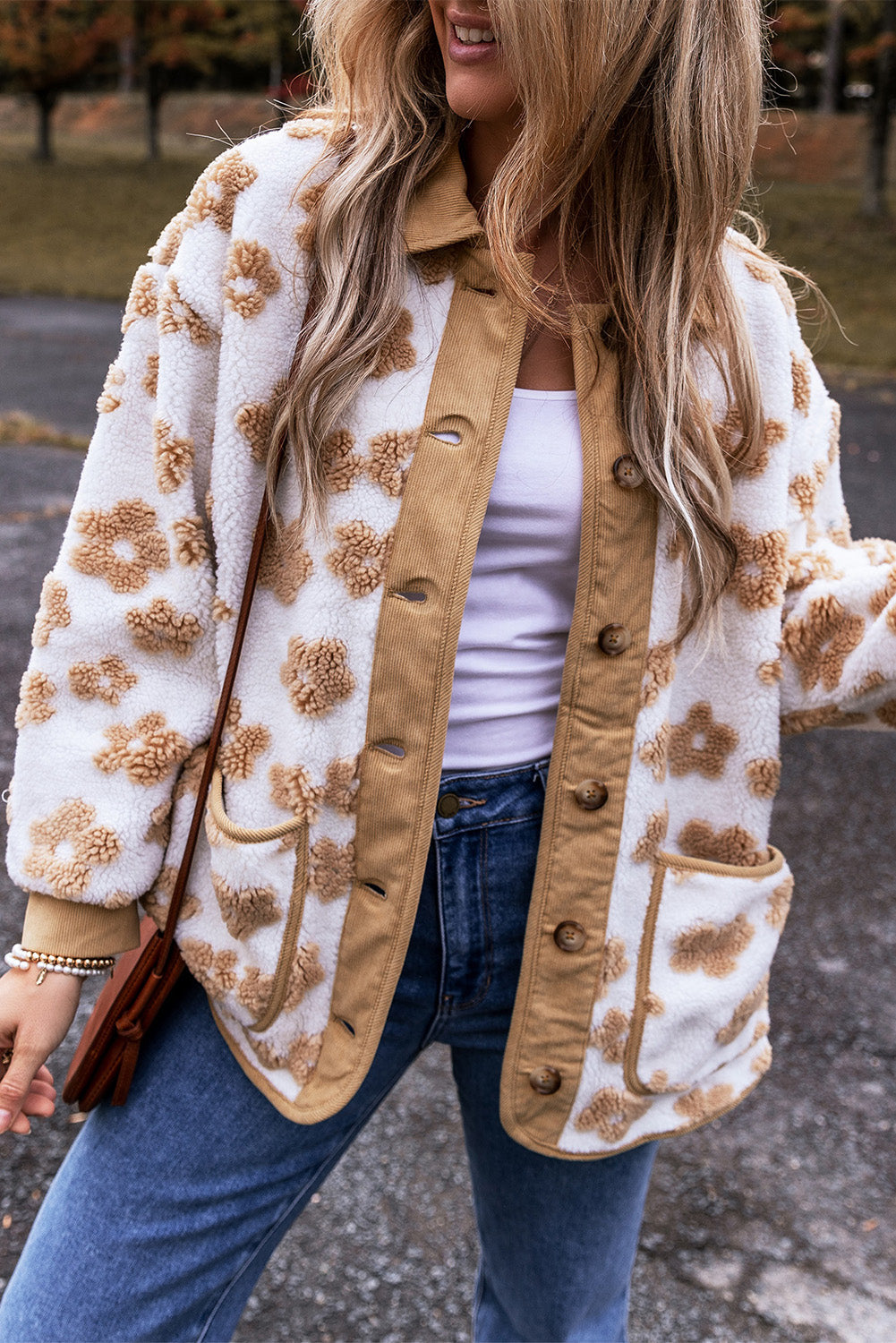 Floral Button-Up Fleece Pocketed Jacket