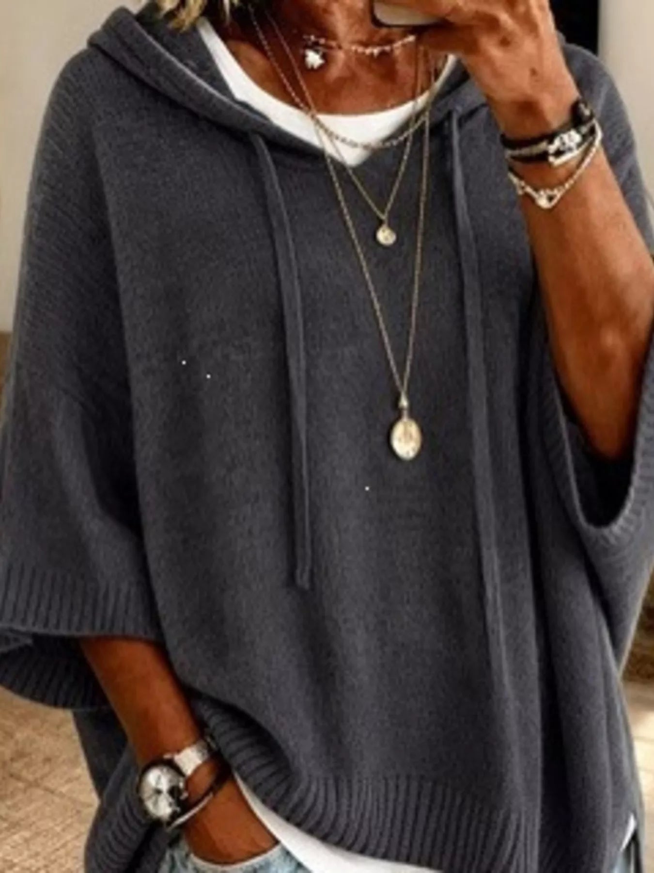 Full Size Drawstring 3/4 Sleeve Hooded Sweater Plus Size