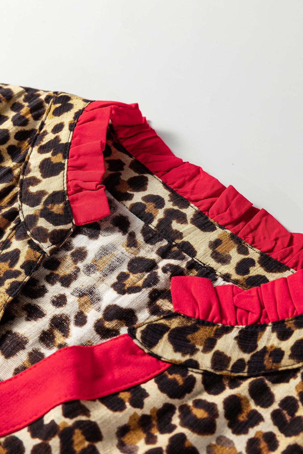 Leopard Contrast Ruffle Trim Buttoned V-Neck Shirt
