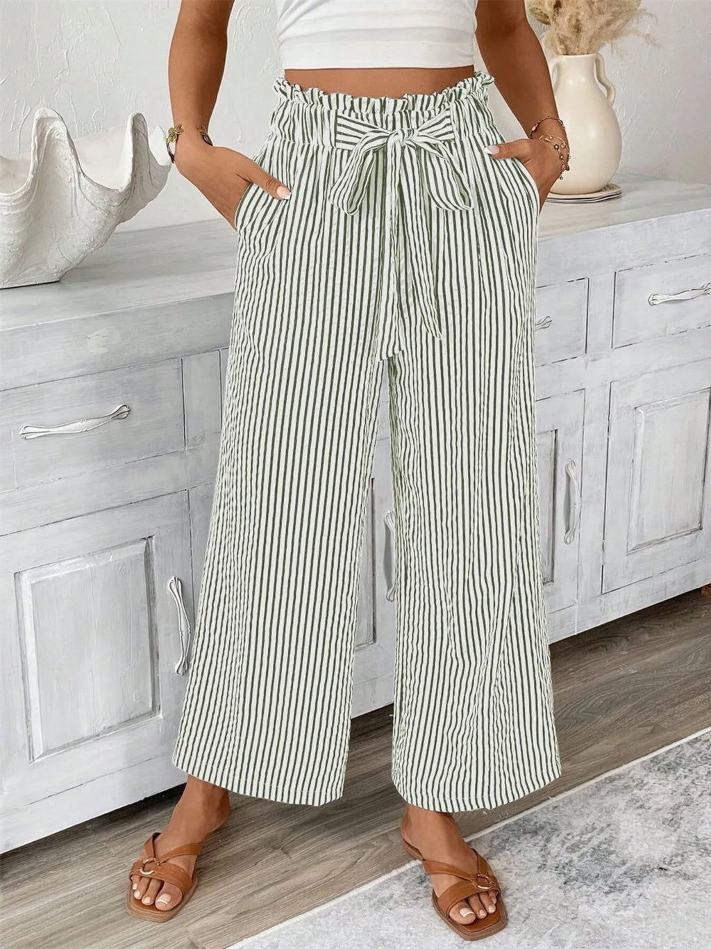 Full Size Striped Wide Leg Paper Bag Pants Plus Size