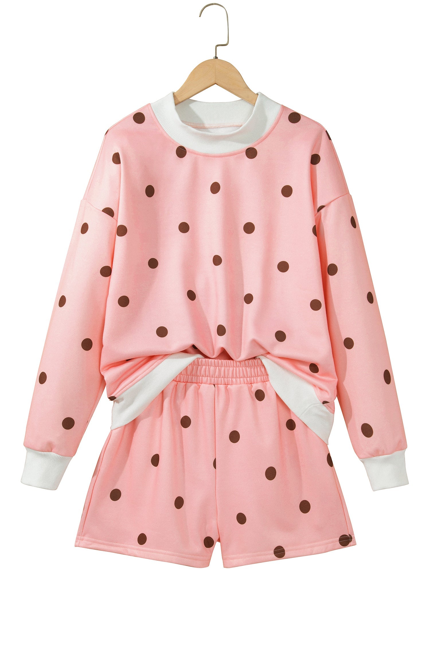 Brown Polka Dot Ribbed Trim Long Sleeve Top Casual Short Set