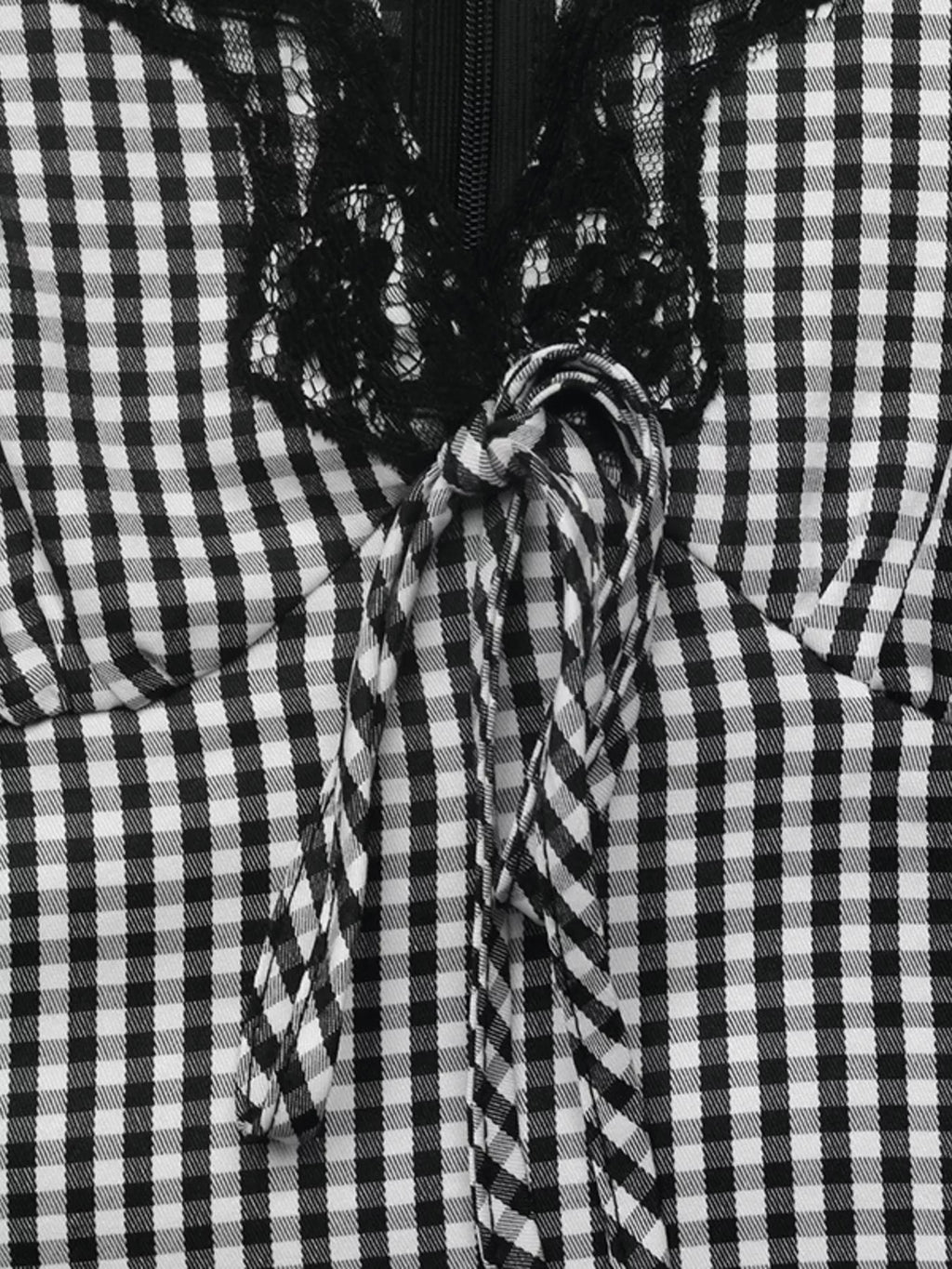 Gingham Lace-Trim V-Neck Long Sleeve A-Line Maxi Dress