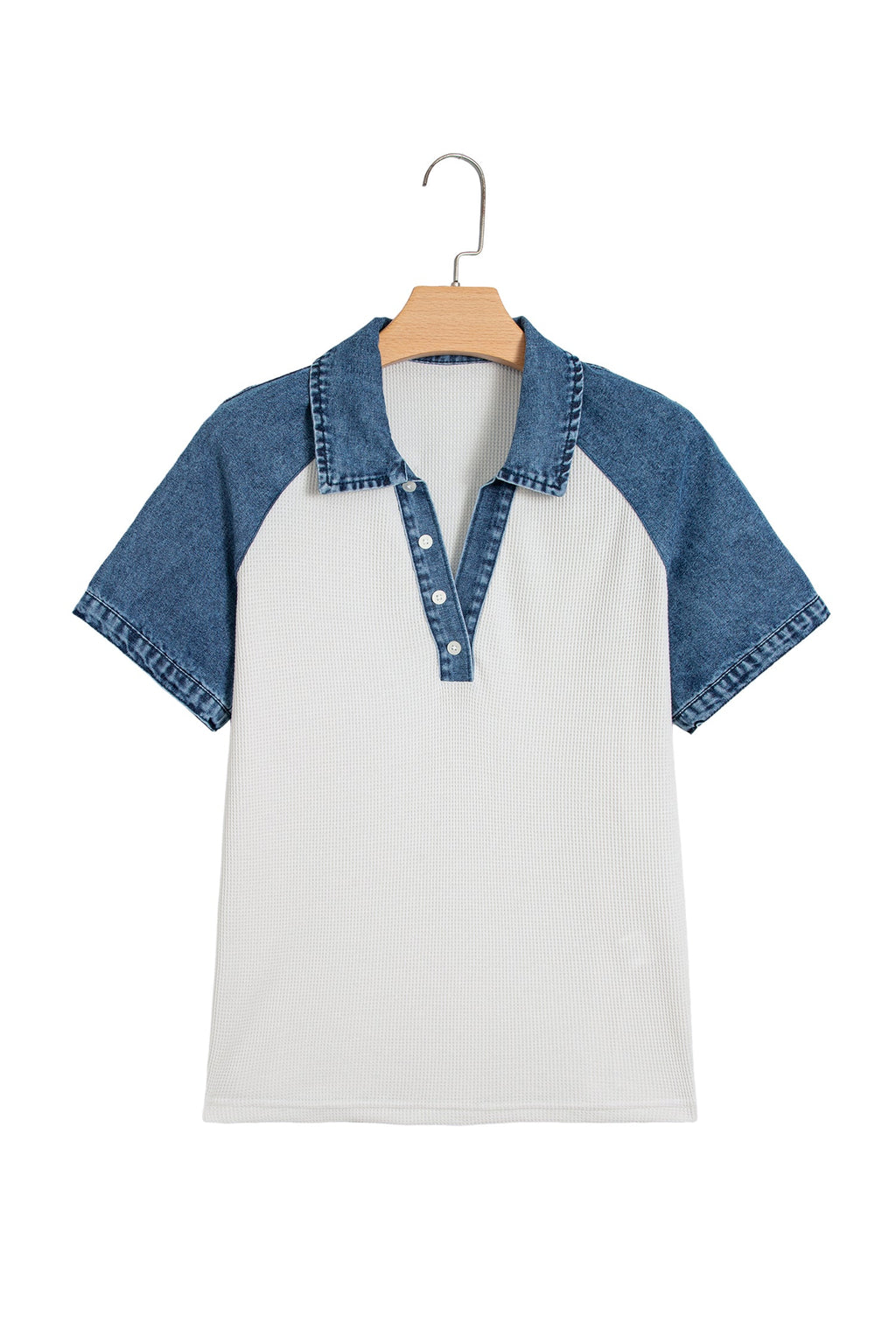 White Textured Color Block Denim Patchwork Polo Collar Tee