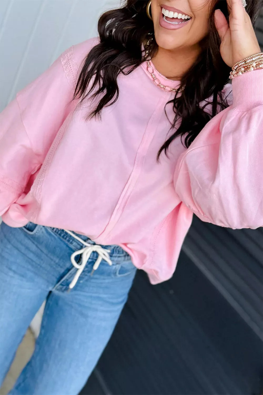 Solid Color Raw Seam Lace Detail Loose Casual Sweatshirt