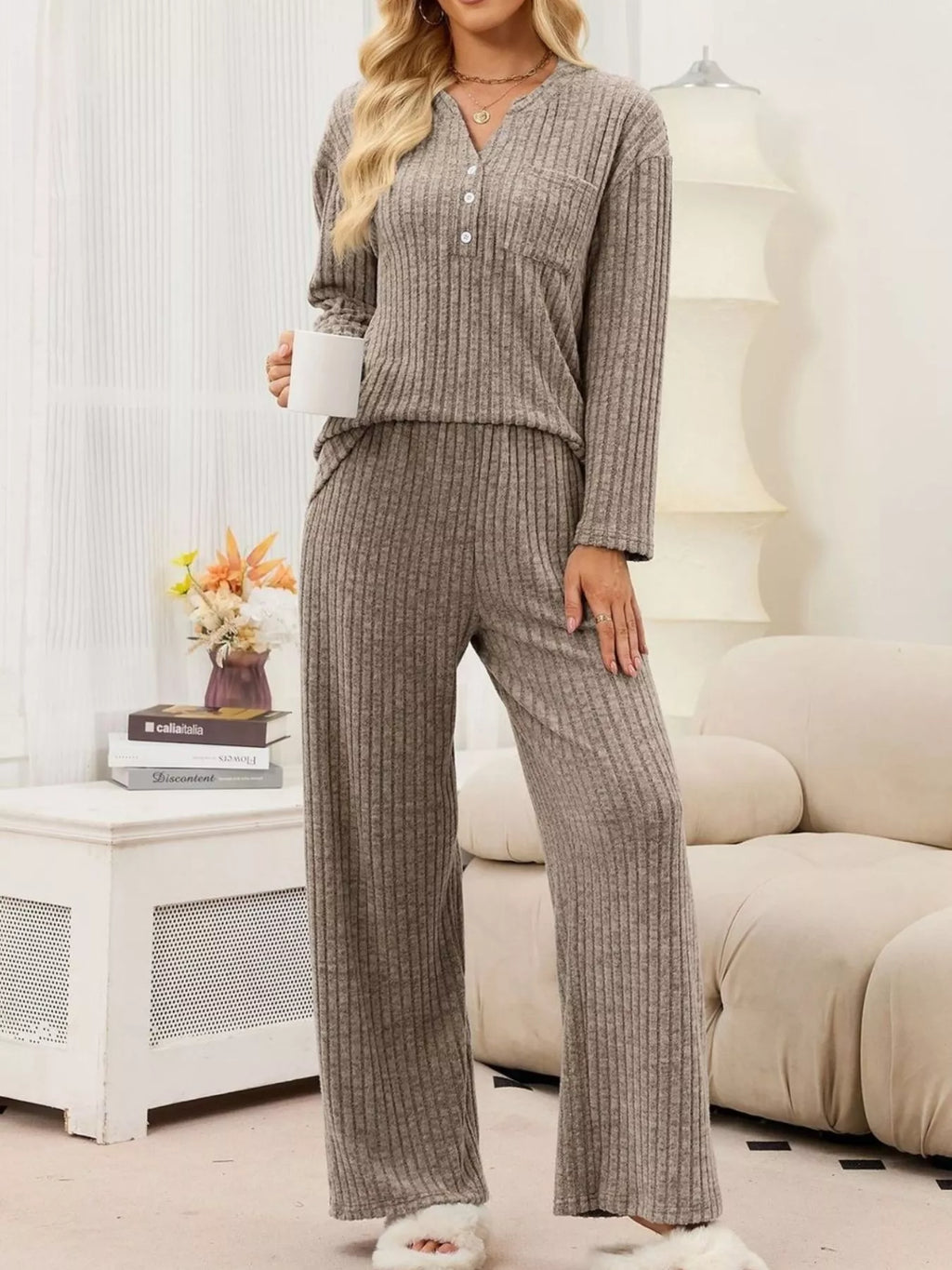 Ribbed Knit Top and Wide-Leg Pants Set