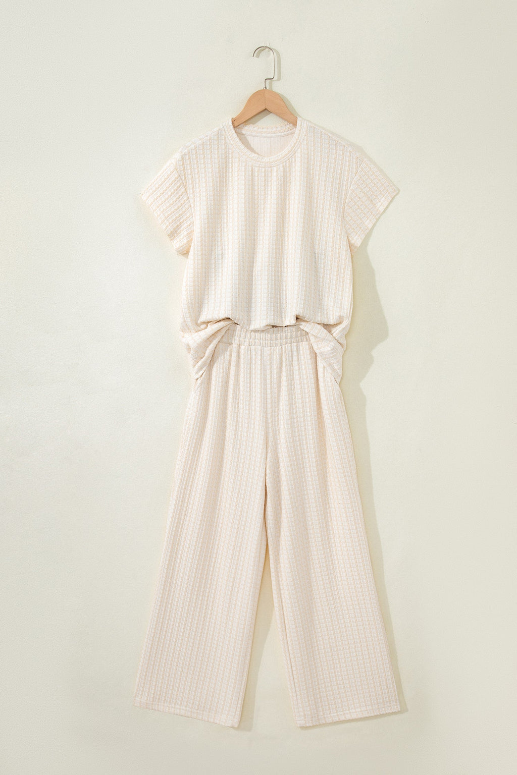 Beige Texture Loose Short Sleeve Top and Cropped Pant Set