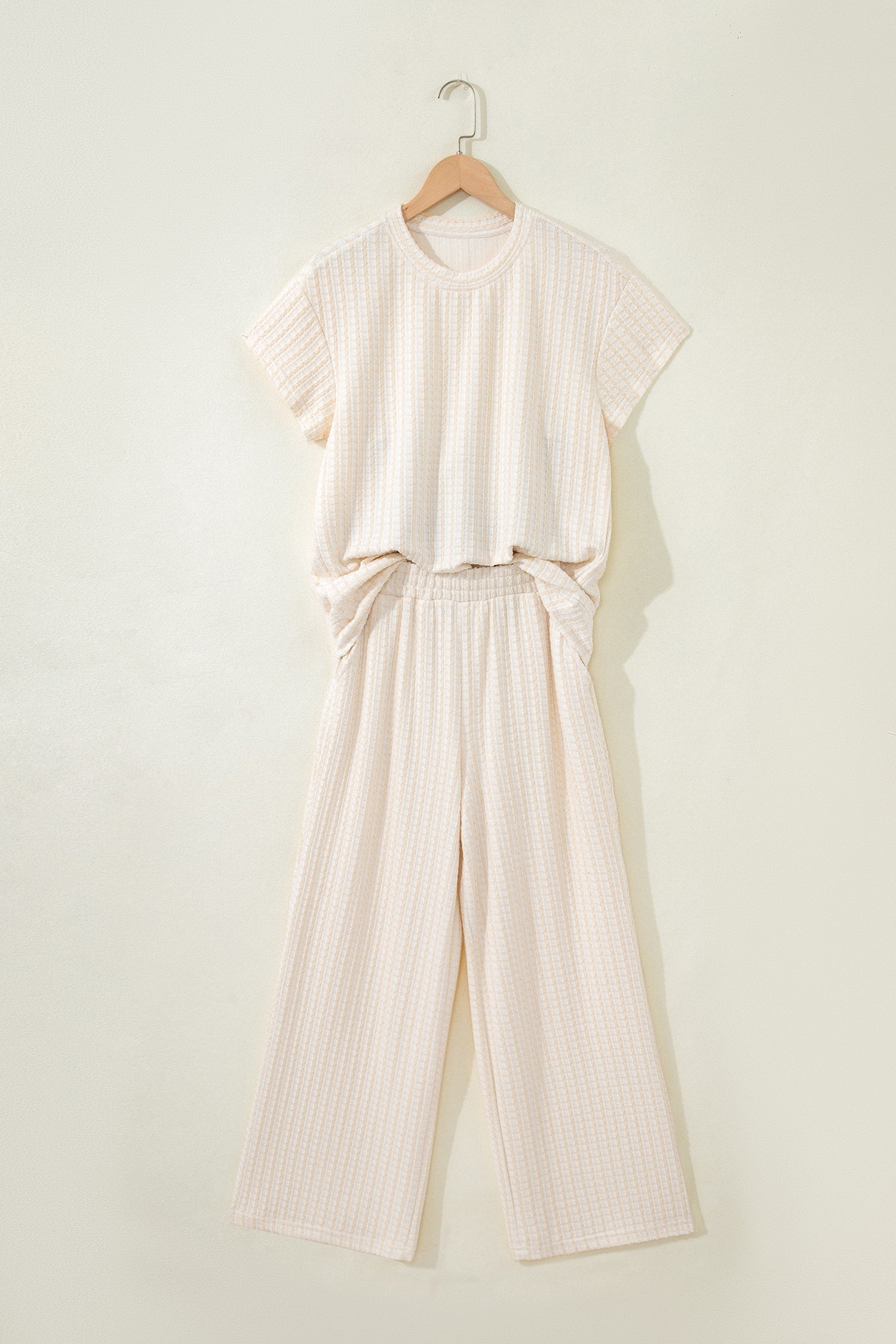 Beige Texture Loose Short Sleeve Top and Cropped Pant Set