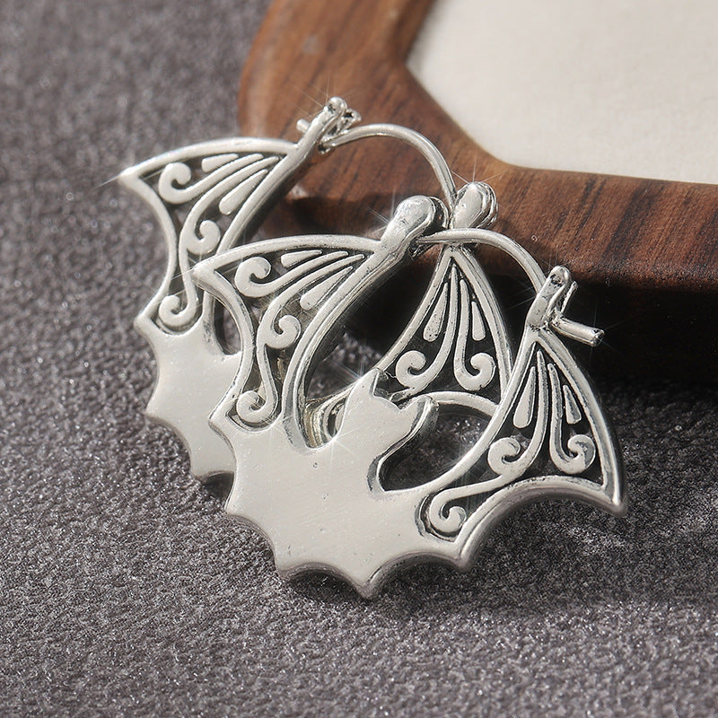 Vintage Bat Hoop Earrings Silver Tone Brass Women Gothic Halloween Party Statement Fashion Jewelry Unique