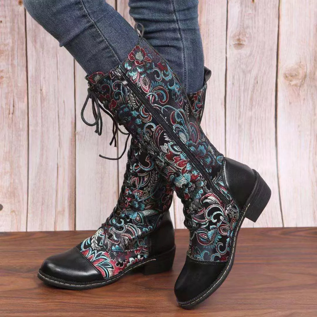Embroidered Lace-Up Block Heel Boots